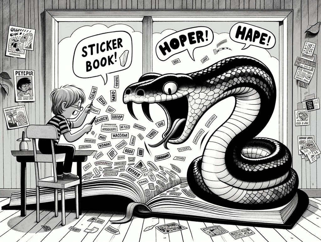 Um garoto colocando adesivos em um livro de adesivos, de onde emerge uma cobra Python para ajudar