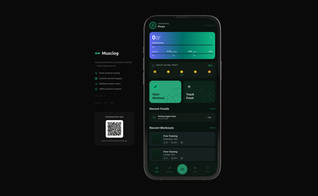 App web do Musclog no desktop renderizado dentro de uma moldura de celular ao lado da landing