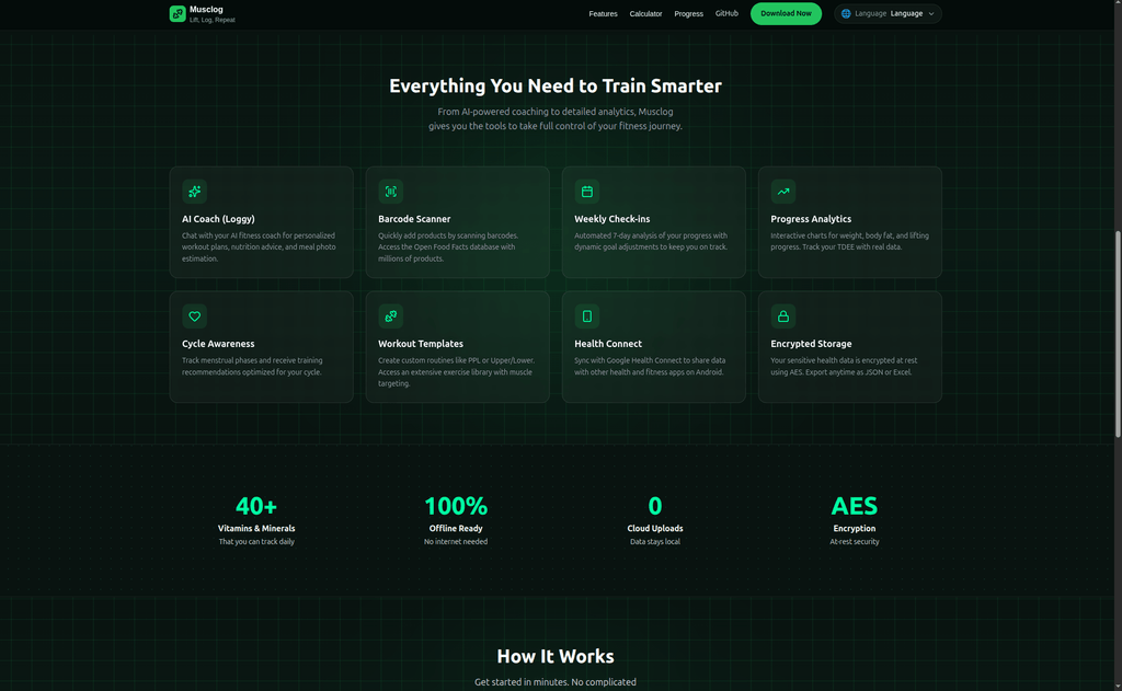 Site público do Musclog renderizado pela mesma base de código com Expo Router do app