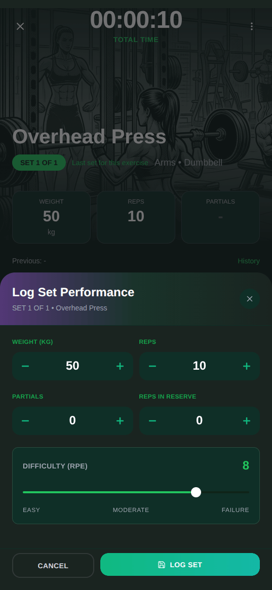 Musclog workout logging screen